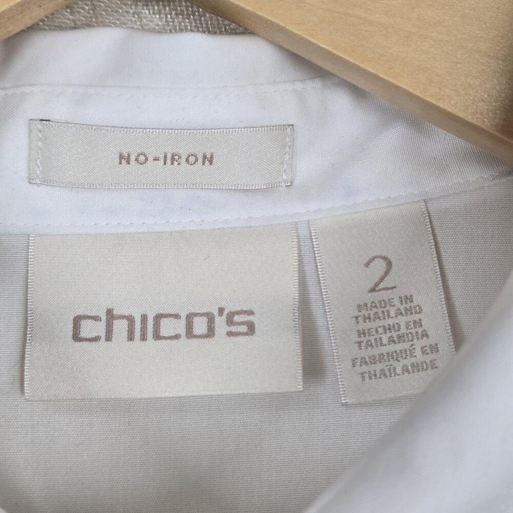 Chico’s No Iron Top Sz 2-L White Button Front Ruffle Sleeve Stretch Office Chic - Picture 7 of 12